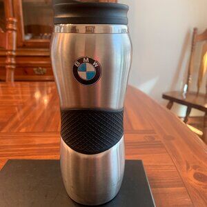 ONE 16 OUNCE BMW BLACK/SILVER TRAVEL MUG, USED